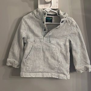 Blue and white pinstripe denim pullover with hood